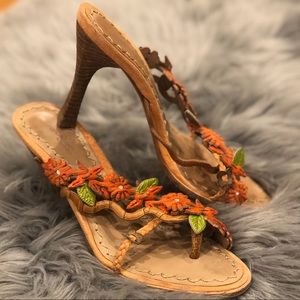 Orange Vintage Embellished Leather Suede Sandals